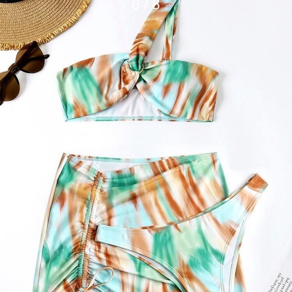 Shein 3 Piece Bikini Swimsuit 1 Strap Top w/ Ring Thong Bottom Side Tie Skirt S - Picture 6 of 9